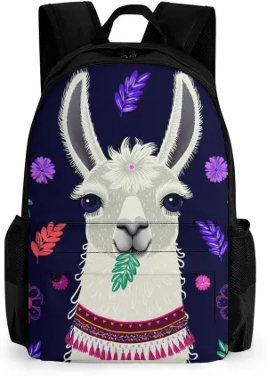 Women Men Polyester Llama Alpaca Flower Leaves Art Casual Daypack Large Capacity Bookbag With Side Pockets for Sports Picnic Walking Cycling