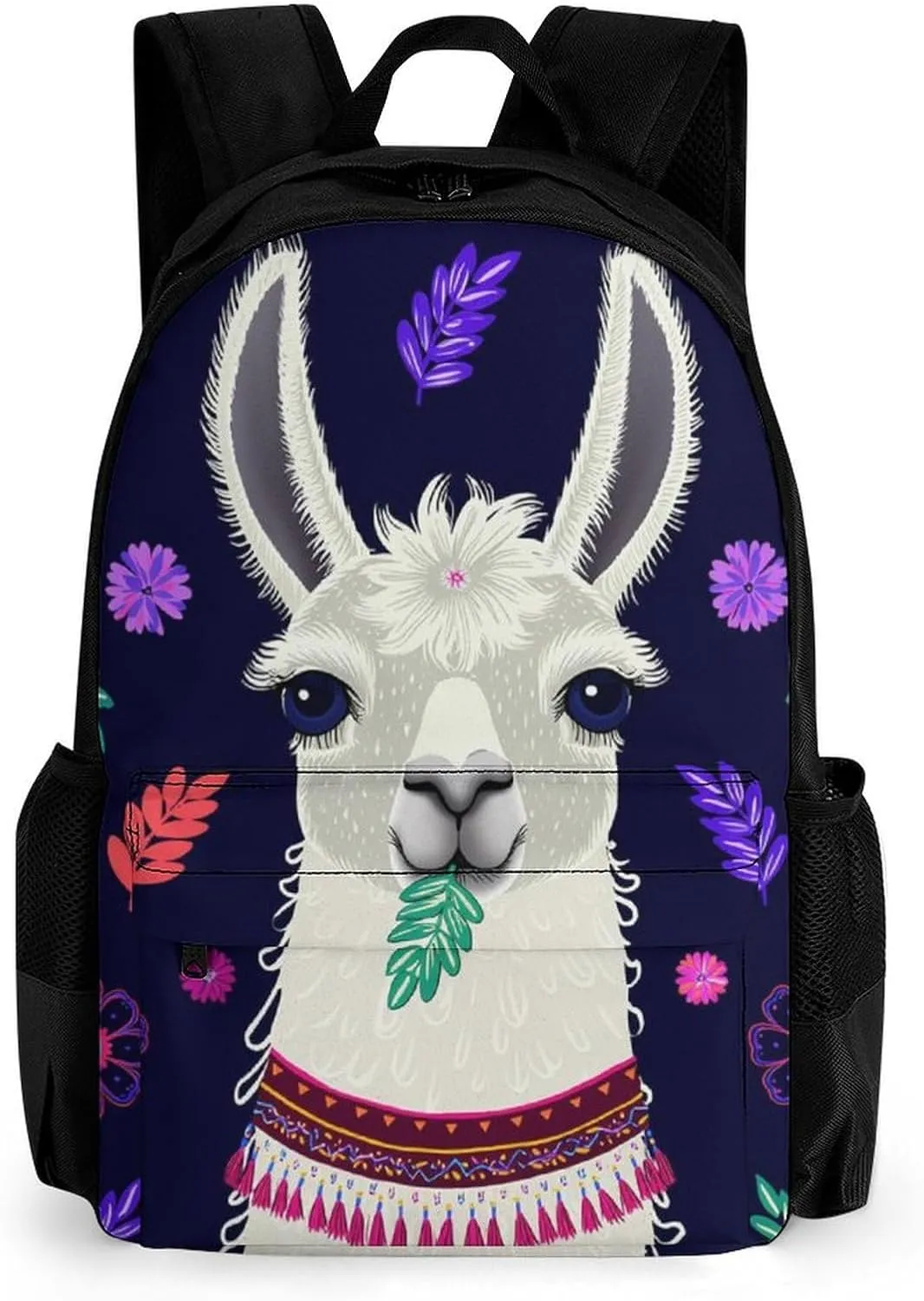 Women Men Polyester Llama Alpaca Flower Leaves Art Casual Daypack Large Capacity Bookbag With Side Pockets for Sports Picnic Walking Cycling
