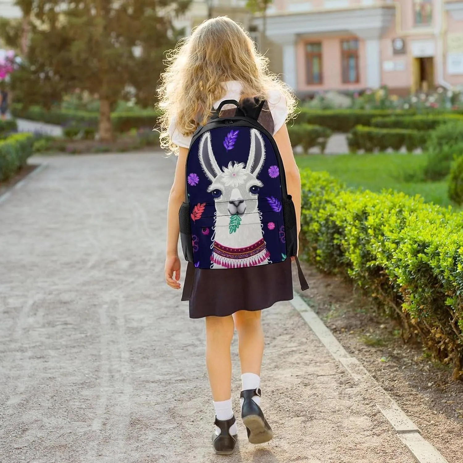 Women Men Polyester Llama Alpaca Flower Leaves Art Casual Daypack Large Capacity Bookbag With Side Pockets for Sports Picnic Walking Cycling
