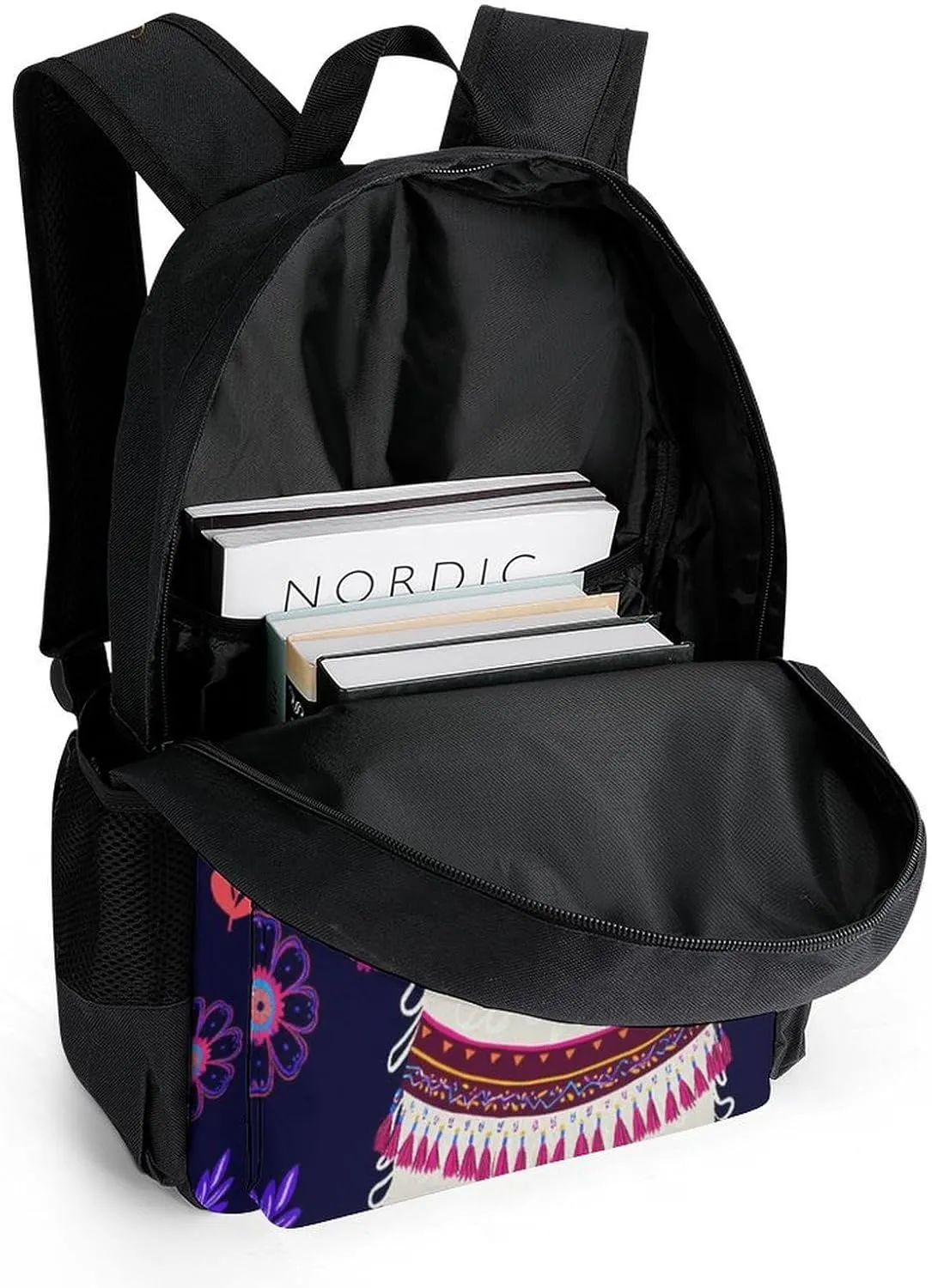 Women Men Polyester Llama Alpaca Flower Leaves Art Casual Daypack Large Capacity Bookbag With Side Pockets for Sports Picnic Walking Cycling