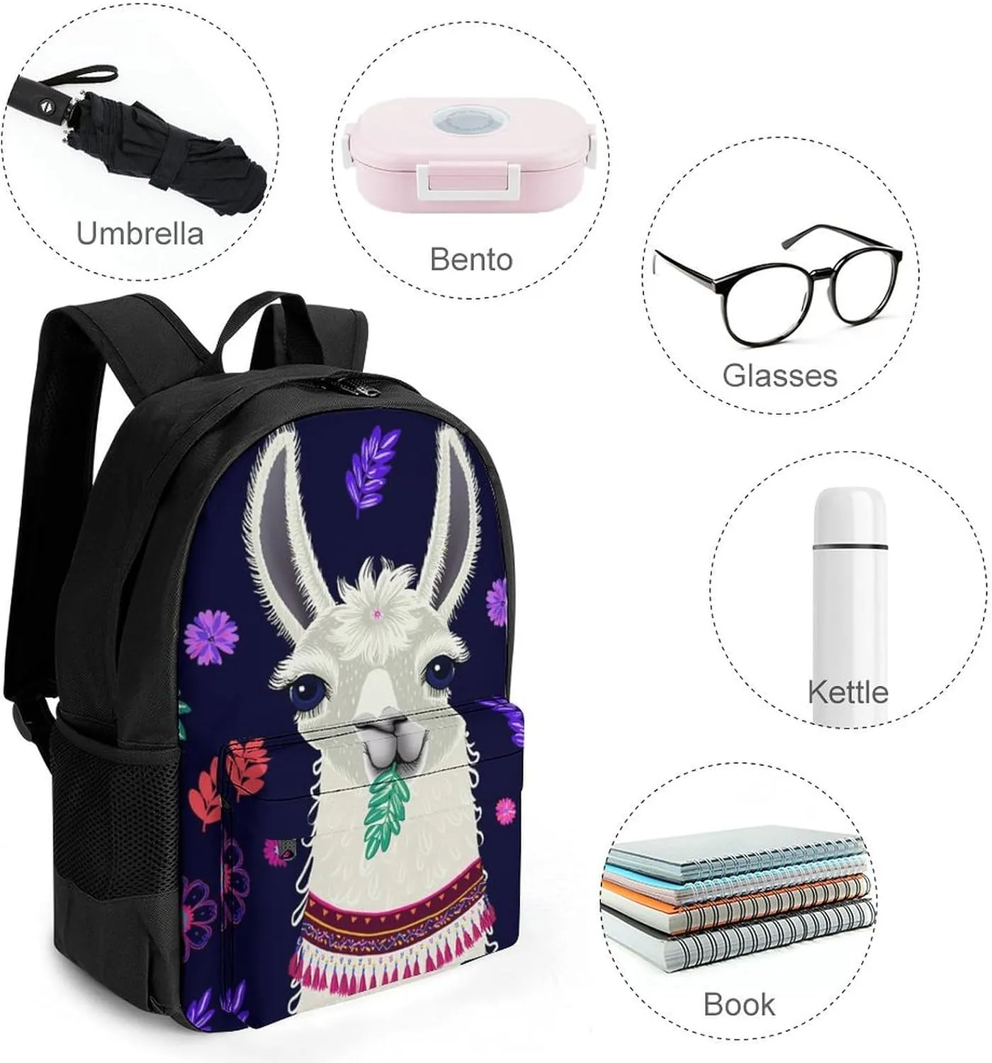 Women Men Polyester Llama Alpaca Flower Leaves Art Casual Daypack Large Capacity Bookbag With Side Pockets for Sports Picnic Walking Cycling