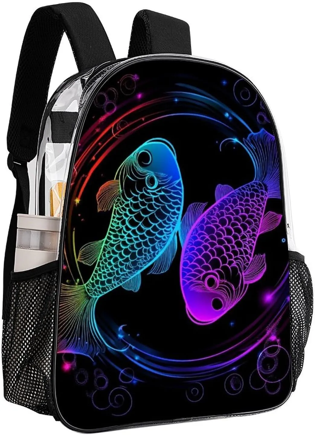 Women Men Transparent Constellation Zodiac Sign Pisces Casual Daypack Large Capacity Bookbag With Side Pockets for Sports Picnic Walking Cycling