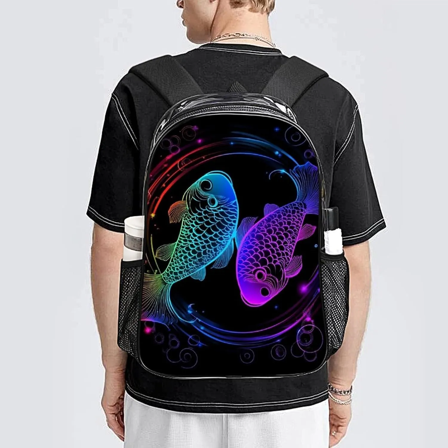 Women Men Transparent Constellation Zodiac Sign Pisces Casual Daypack Large Capacity Bookbag With Side Pockets for Sports Picnic Walking Cycling