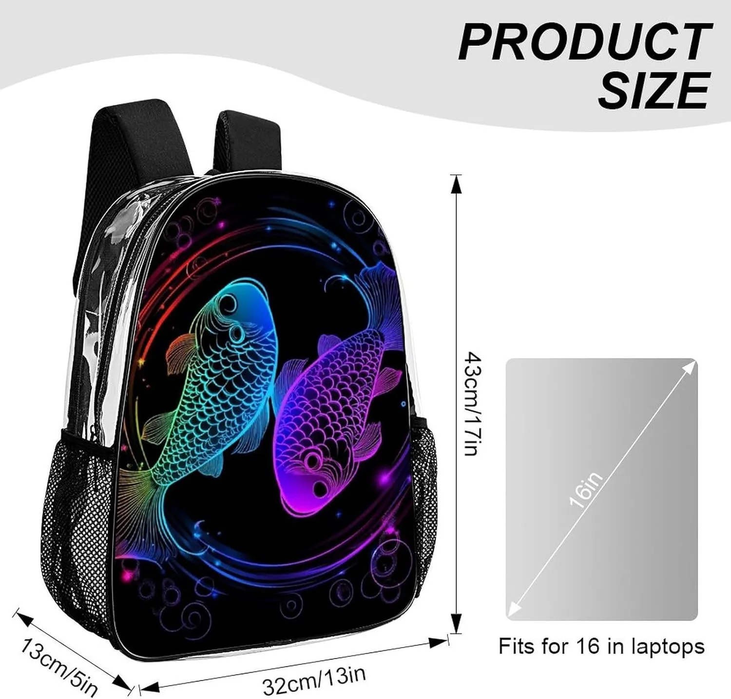 Women Men Transparent Constellation Zodiac Sign Pisces Casual Daypack Large Capacity Bookbag With Side Pockets for Sports Picnic Walking Cycling