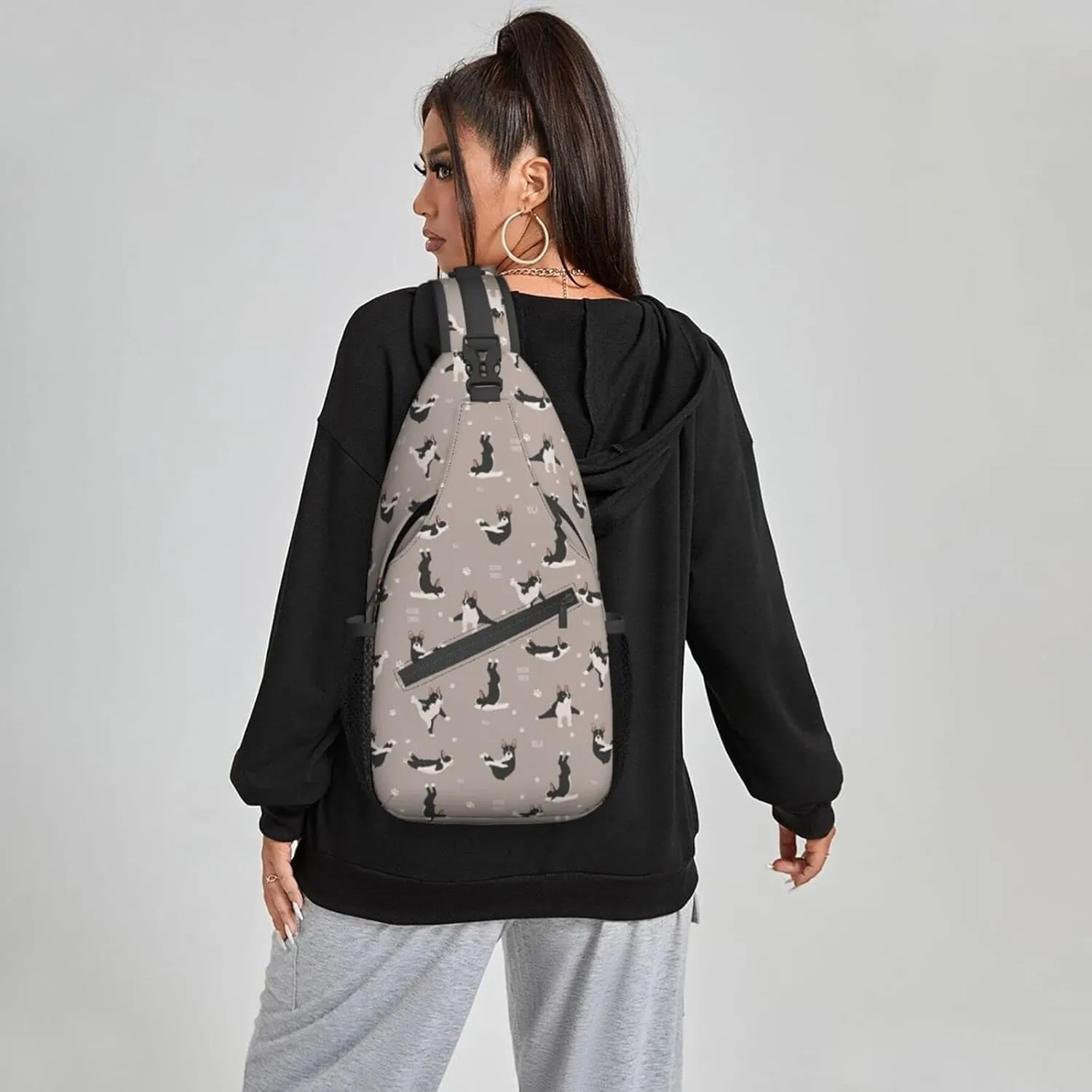 Women Yoga Boston Terrier Funny Dogs Crossbody Sling Backpack for Men Chest Bag Shoulder Bag Lightweight One Strap Backpack Travel Outdoor Daypack