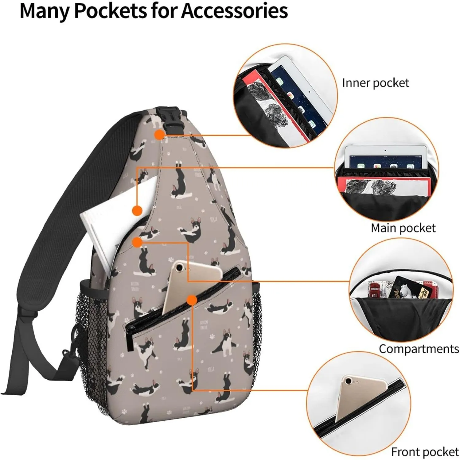 Women Yoga Boston Terrier Funny Dogs Crossbody Sling Backpack for Men Chest Bag Shoulder Bag Lightweight One Strap Backpack Travel Outdoor Daypack