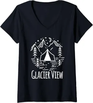 Womens Glacier View Camping Campground Rustic Tent Mountains Forest V-Neck T-Shirt