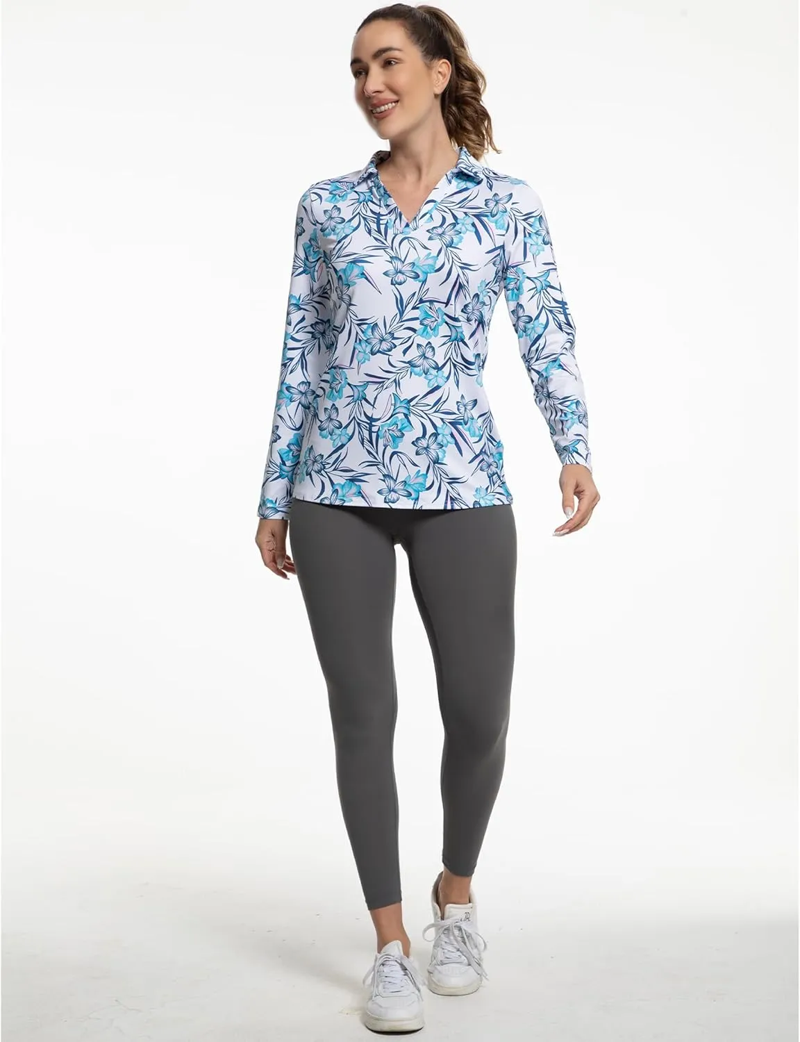Women's Golf Polo Shirts Long Sleeve Workout Tops V Neck UPF 50  Sun Protection Quick Dry Lightweight Active Shirts