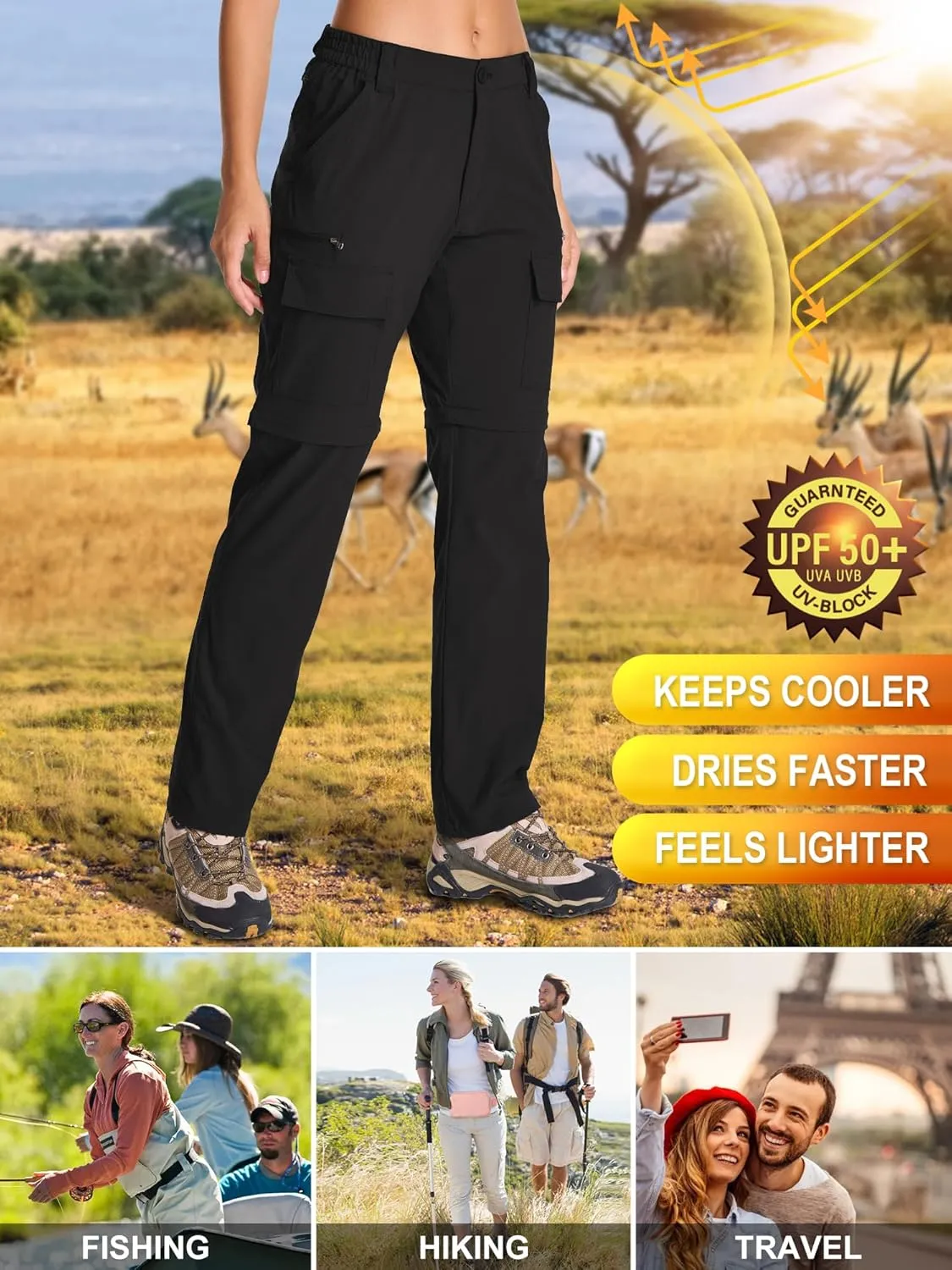 Womens Hiking Pants Convertible Quick Dry Stretch Lightweight Zip Off Outdoor Safari Pants with Cargo Pockets