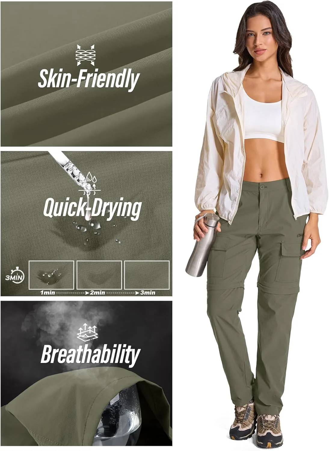 Womens Hiking Pants Convertible Quick Dry Stretch Lightweight Zip Off Outdoor Safari Pants with Cargo Pockets