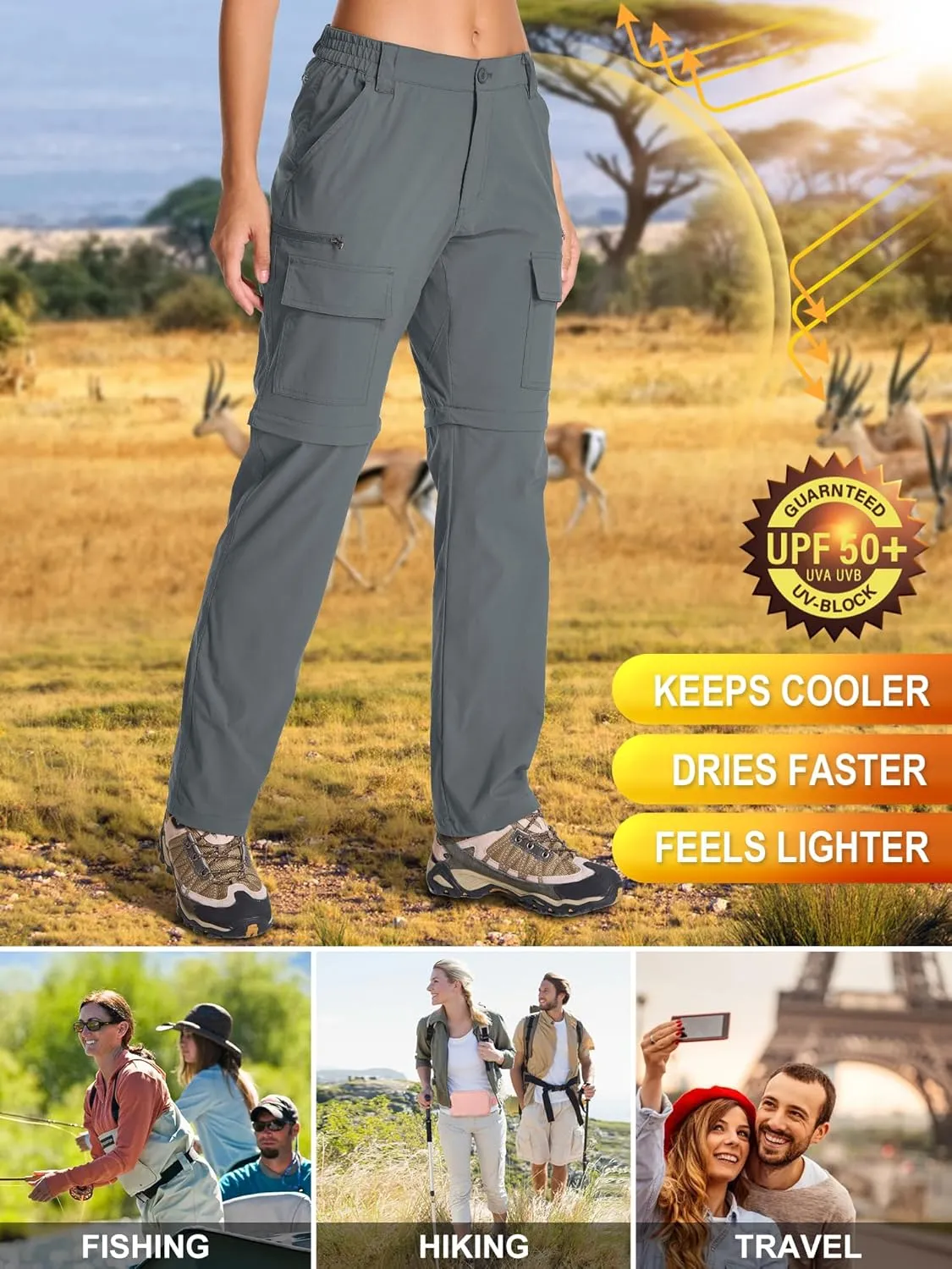 Womens Hiking Pants Convertible Quick Dry Stretch Lightweight Zip Off Outdoor Safari Pants with Cargo Pockets