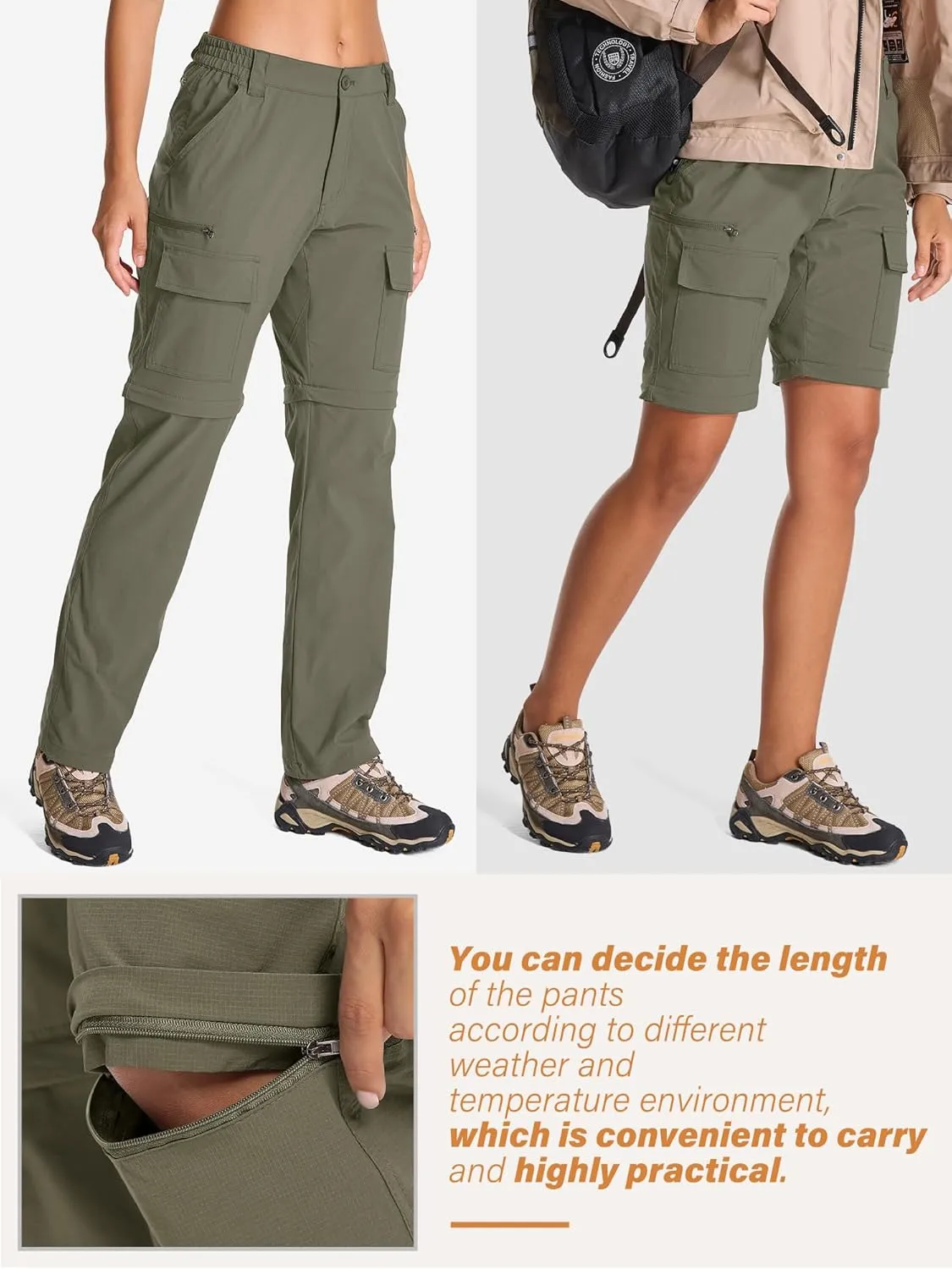 Womens Hiking Pants Convertible Quick Dry Stretch Lightweight Zip Off Outdoor Safari Pants with Cargo Pockets