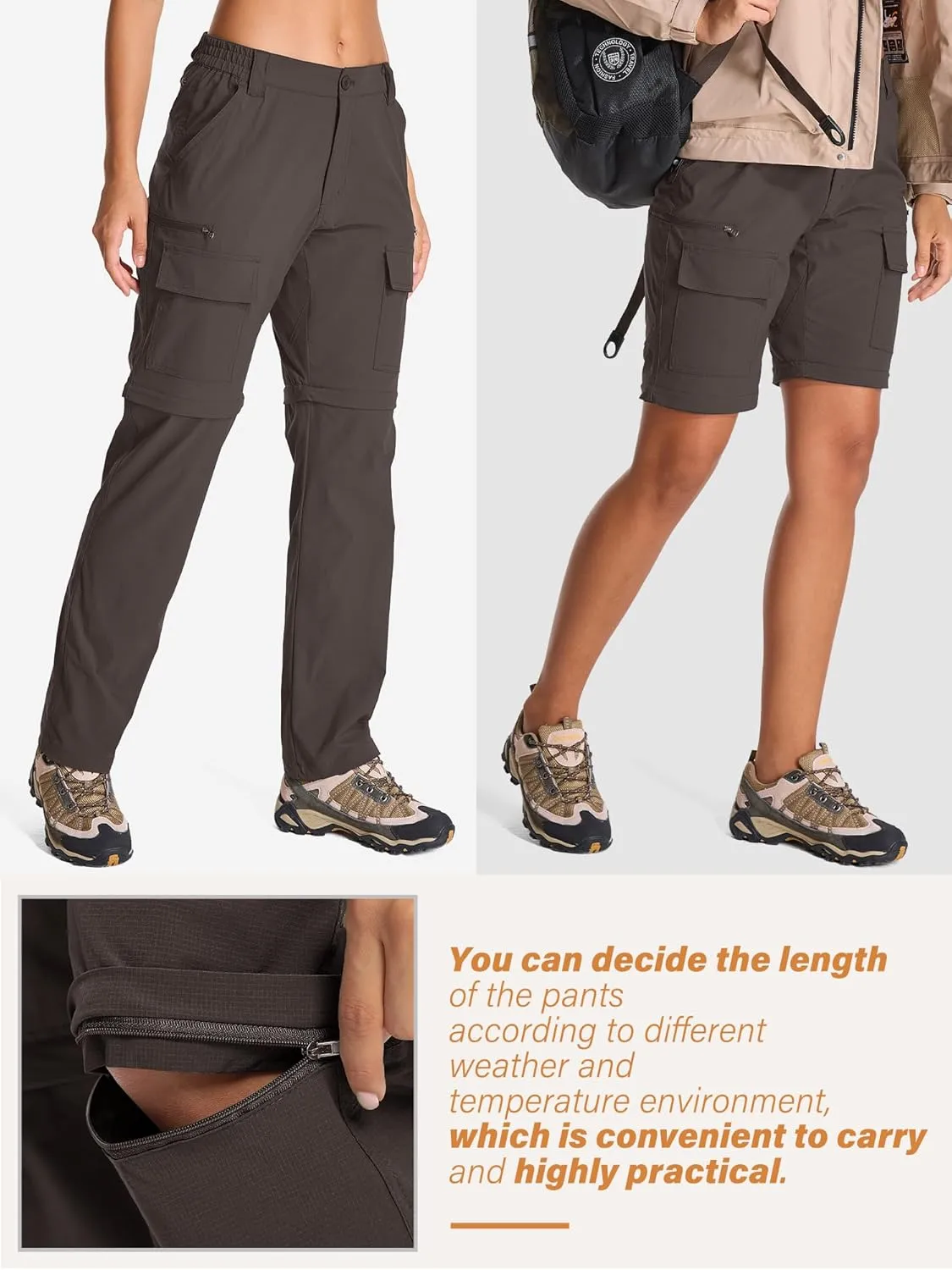 Womens Hiking Pants Convertible Quick Dry Stretch Lightweight Zip Off Outdoor Safari Pants with Cargo Pockets
