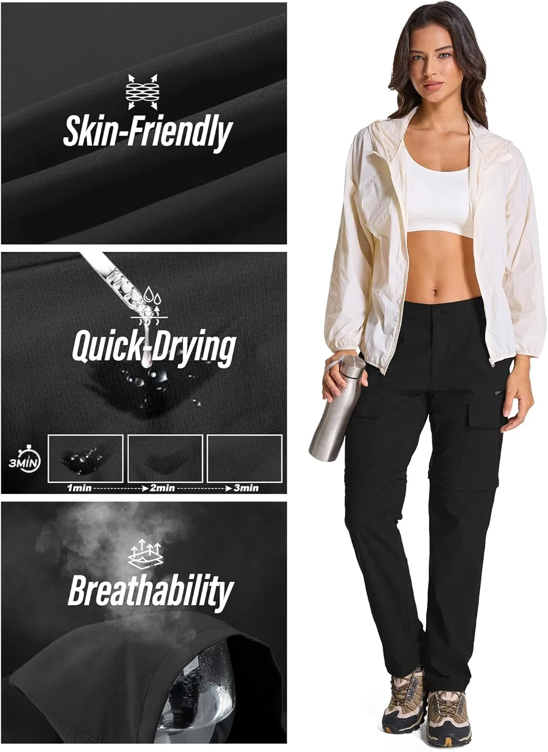 Womens Hiking Pants Convertible Quick Dry Stretch Lightweight Zip Off Outdoor Safari Pants with Cargo Pockets