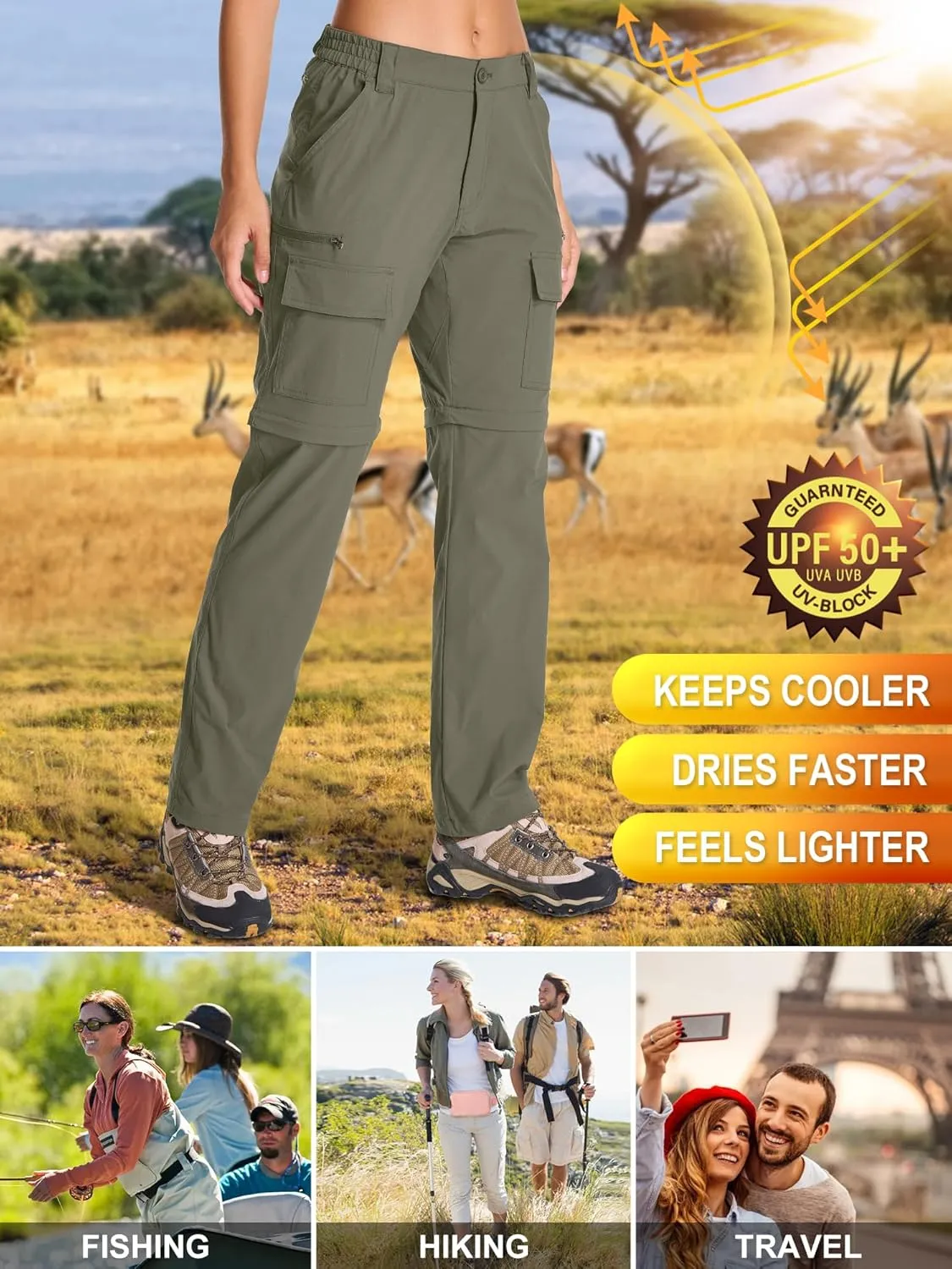 Womens Hiking Pants Convertible Quick Dry Stretch Lightweight Zip Off Outdoor Safari Pants with Cargo Pockets