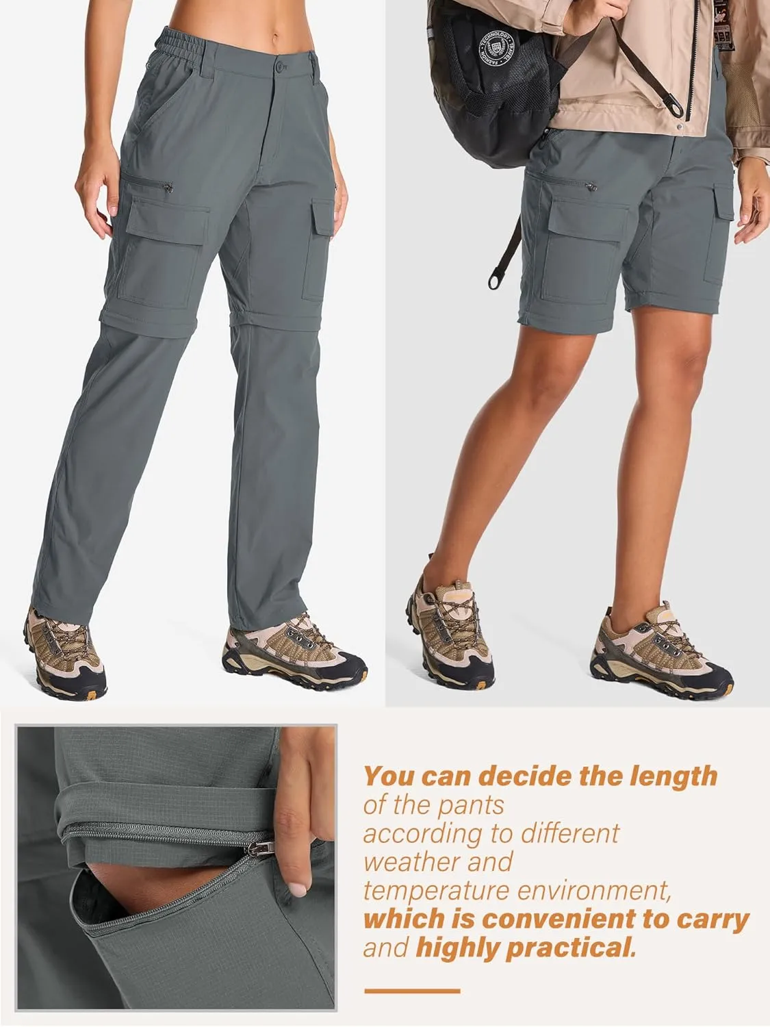 Womens Hiking Pants Convertible Quick Dry Stretch Lightweight Zip Off Outdoor Safari Pants with Cargo Pockets