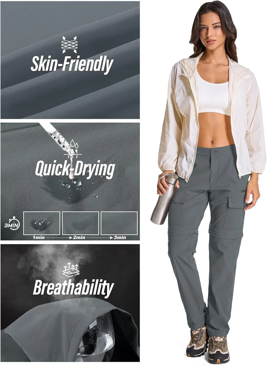 Womens Hiking Pants Convertible Quick Dry Stretch Lightweight Zip Off Outdoor Safari Pants with Cargo Pockets