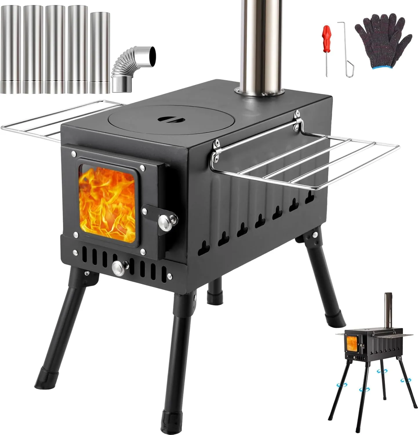 Wood Burning Stove, Camping Wood Stove, Portable Hot Tent Stoves wood burning, Upgraded Titanium Surface Dual Interior Wall Post Combustion Design with Extended Feet. for cooking and heating