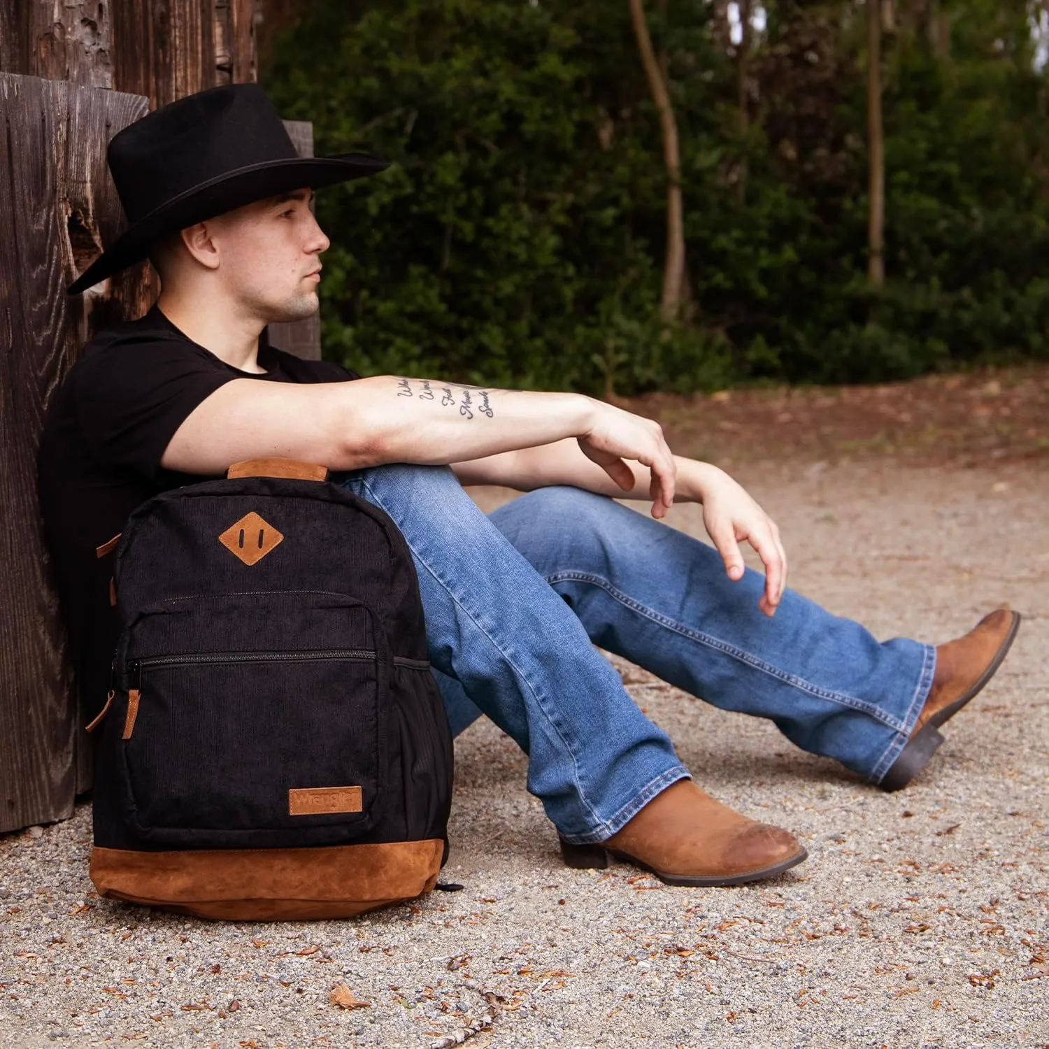 Wrangler Yellowstone Sturdy Backpack for Travel Classic Logo Water Resistant Casual Daypack for Travel with Padded Laptop Notebook Sleeve (Black Corduroy)