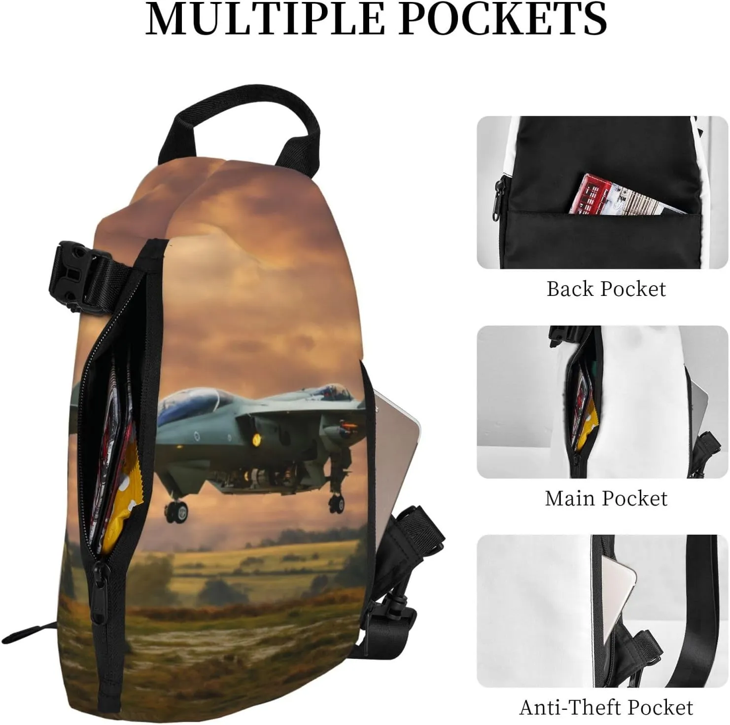 WURTON Aircraft Fighter Jets Print Crossbody Backpack Cross Pack Lightweight Sling Bag Travel, Hiking