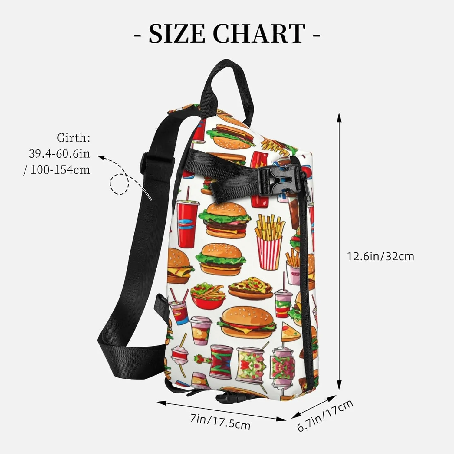 WURTON Fast Food Print Crossbody Backpack Cross Pack Lightweight Sling Bag Travel, Hiking