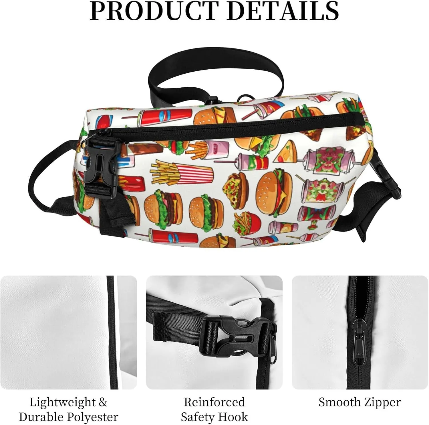 WURTON Fast Food Print Crossbody Backpack Cross Pack Lightweight Sling Bag Travel, Hiking