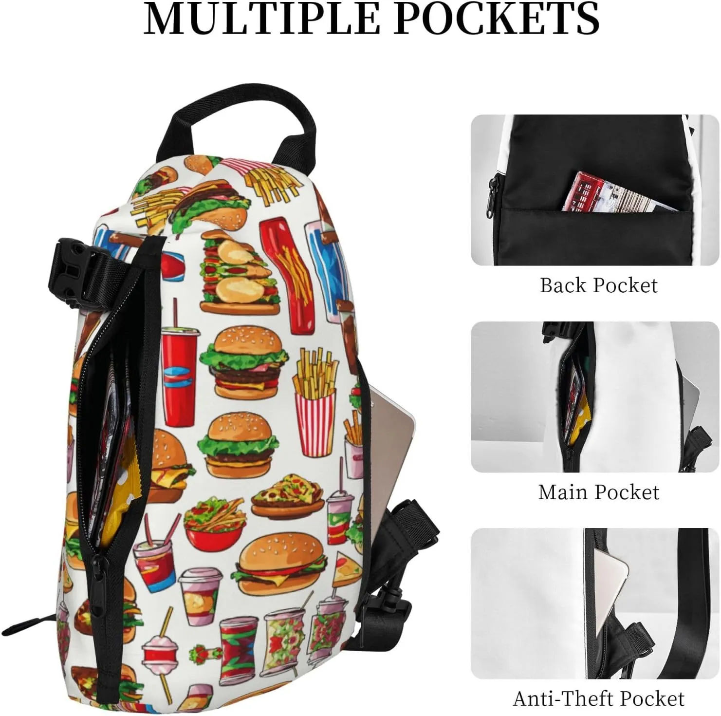 WURTON Fast Food Print Crossbody Backpack Cross Pack Lightweight Sling Bag Travel, Hiking