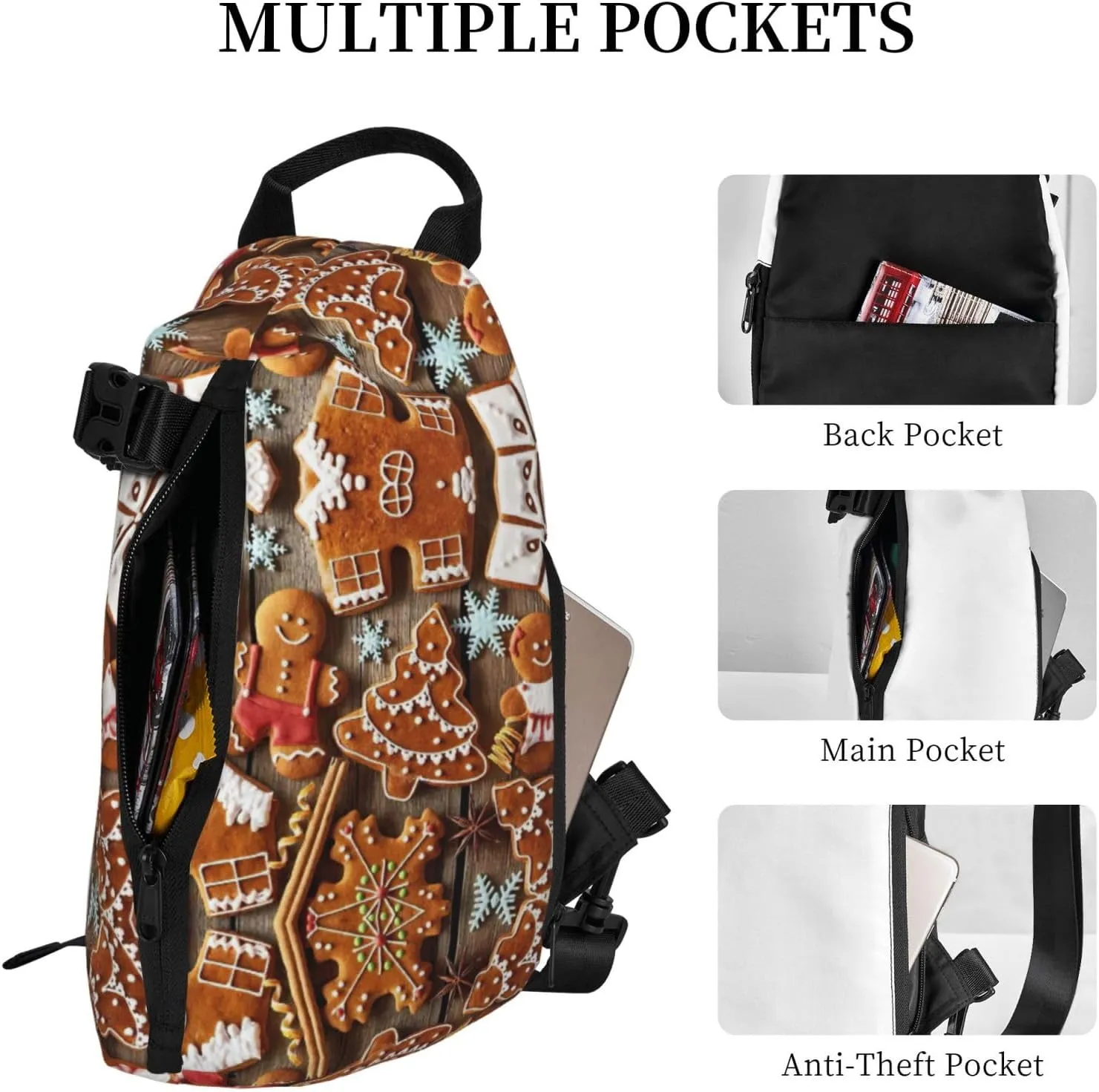 WURTON Gingerbread Cookies Print Crossbody Backpack Cross Pack Lightweight Sling Bag Travel, Hiking