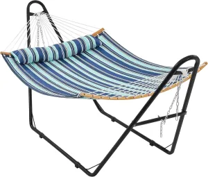 Yaheetech Hammock with Stand Set, Heavy-Duty Steel Hammock Stand for 2-3 People Outdoor, Porch, Patio, Deck and Backyard, Max Weight Capacity 475LB - Blue Stripe