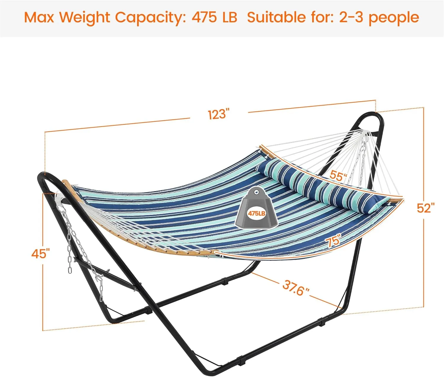 Yaheetech Hammock with Stand Set, Heavy-Duty Steel Hammock Stand for 2-3 People Outdoor, Porch, Patio, Deck and Backyard, Max Weight Capacity 475LB - Blue Stripe
