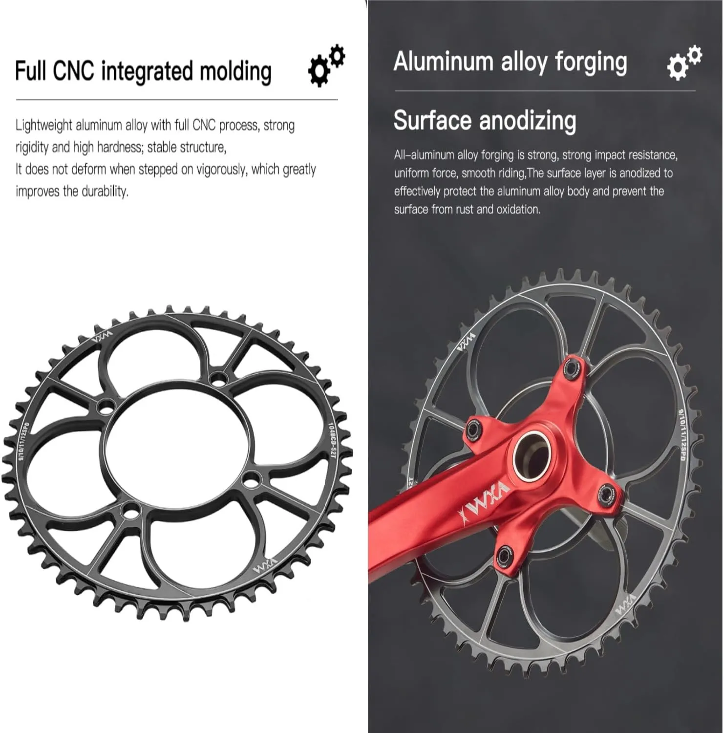 YBEKI 104BCD Chainring - CNC 7075-T6 Aluminum Narrow-Wide Round Chainwheel for MTB/Road Bikes (32-52T) | Compatible with Shimano/SRAM 8-11 Speed | Ultra-Light | Anti-Drop Design (Black/Red)