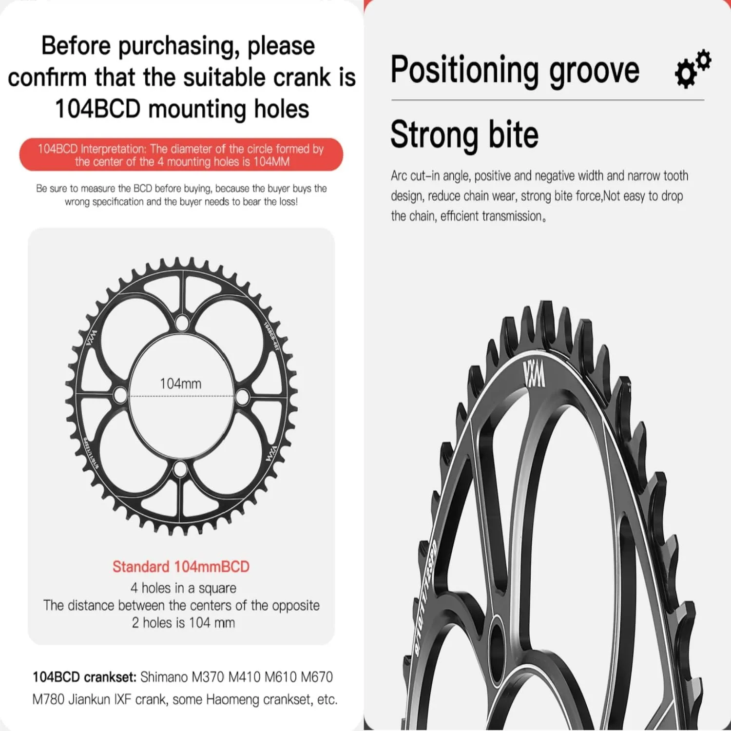 YBEKI 104BCD Chainring - CNC 7075-T6 Aluminum Narrow-Wide Round Chainwheel for MTB/Road Bikes (32-52T) | Compatible with Shimano/SRAM 8-11 Speed | Ultra-Light | Anti-Drop Design (Black/Red)
