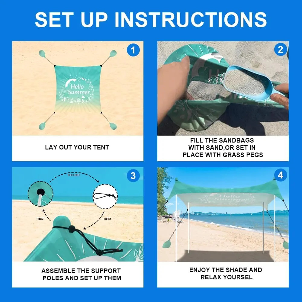 YUKIHOME Beach Tent Sun Shade Canopy Tent, UPF 50  Camping Beach Sun Shelter 10 x 10ft 4 Pole, Lightweight, Easy Set Up and Carry