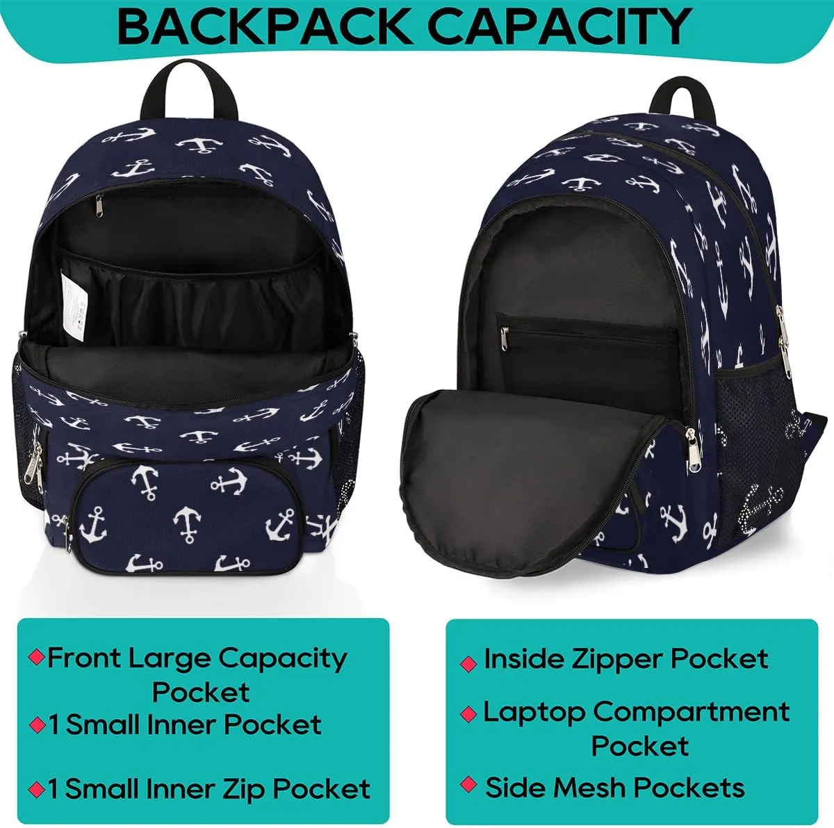 Yzrwebo Anchor Pattern Backpack for Women Men Nautical Anchor Lightweight Backpack with Multiple Pockets Laptop iPad Tablet Travel Sports Bag Casual Daypack Backpack Adjustable Shoulder Straps