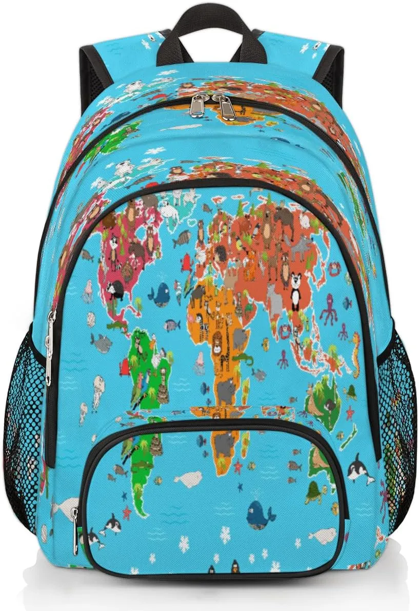 Yzrwebo Animals World Map Backpack for Women Men Ocean Map Lightweight Backpack with Multiple Pockets Laptop iPad Tablet Travel Sports Bag Casual Daypack Backpack Adjustable Shoulder Straps