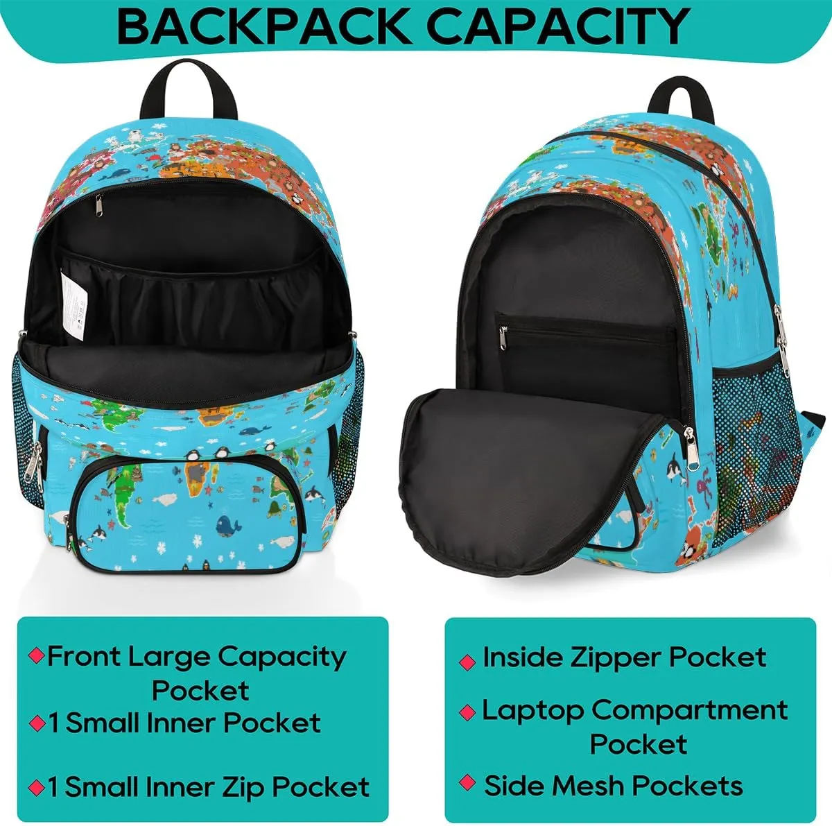 Yzrwebo Animals World Map Backpack for Women Men Ocean Map Lightweight Backpack with Multiple Pockets Laptop iPad Tablet Travel Sports Bag Casual Daypack Backpack Adjustable Shoulder Straps