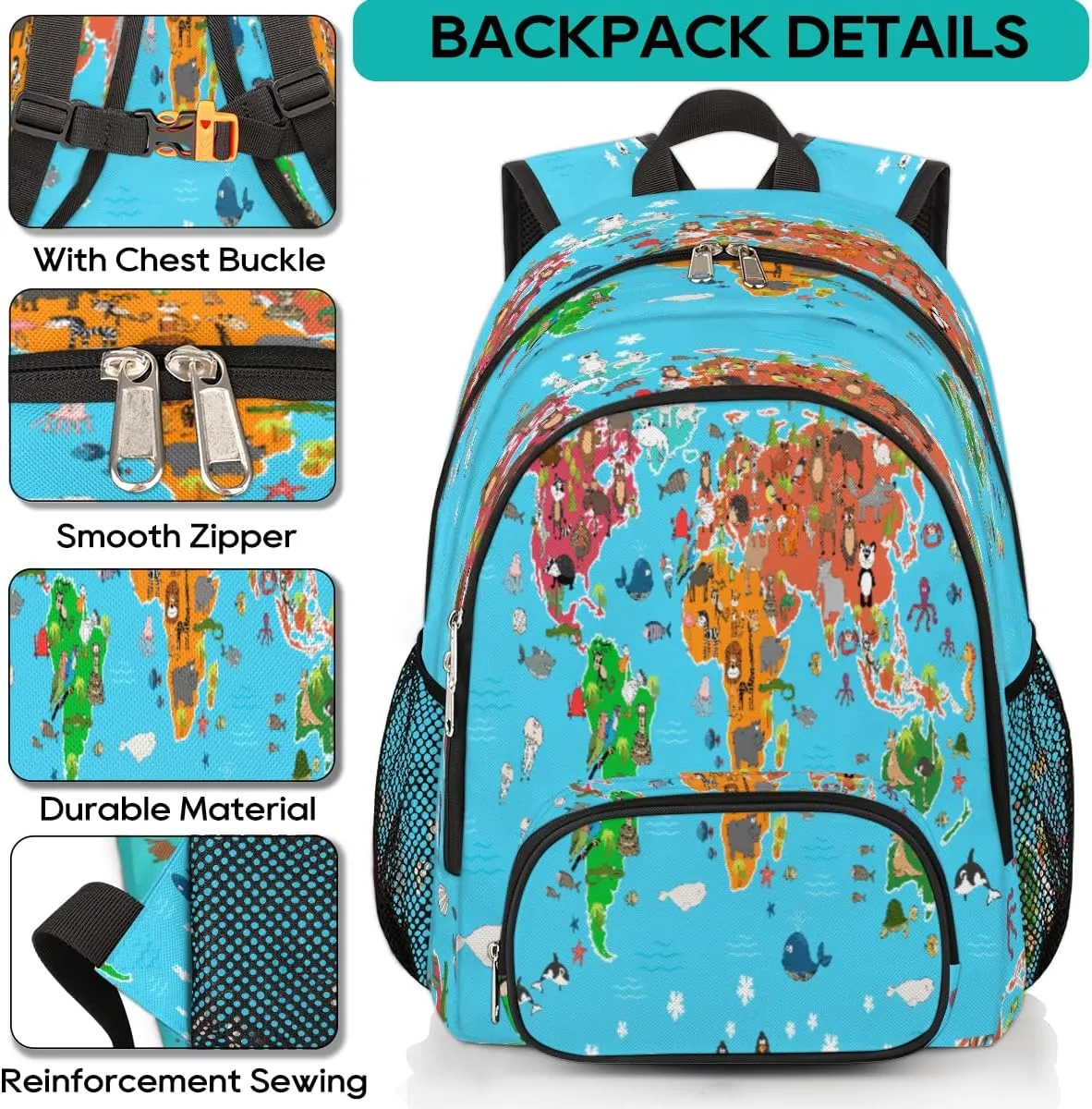 Yzrwebo Animals World Map Backpack for Women Men Ocean Map Lightweight Backpack with Multiple Pockets Laptop iPad Tablet Travel Sports Bag Casual Daypack Backpack Adjustable Shoulder Straps