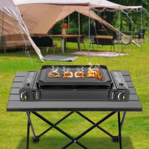 ZHISHUAI- 2-Burner Portable Camping Stove, Butane Outdoor Travel Camp Stove with Grill Tray, for Camping, Traveling, Hiking, Picnicking, Terrace Barbecue Parties