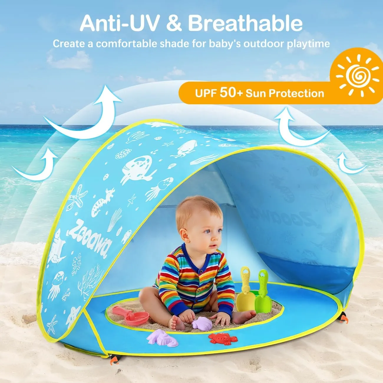 Zooawa Baby Beach Tent, Pop Up Beach Tent Sun Shade for Beach, Portable Shade Pool UV Protection Sun Shelter for Infant with Beach Sand Toys Set
