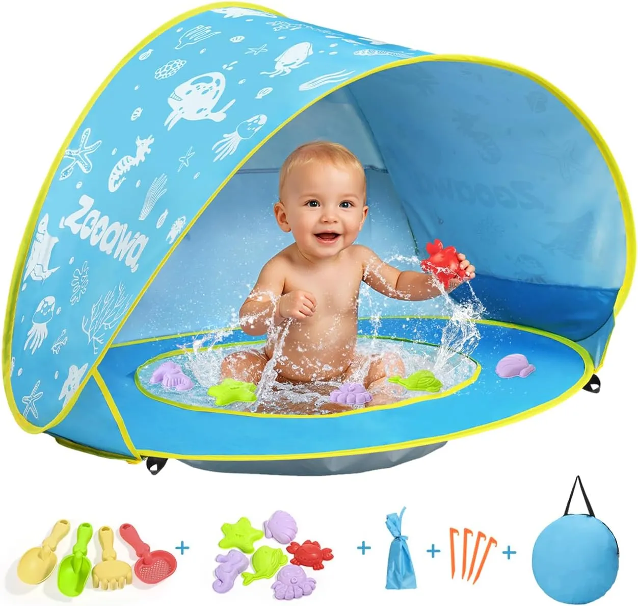 Zooawa Baby Beach Tent, Pop Up Beach Tent Sun Shade for Beach, Portable Shade Pool UV Protection Sun Shelter for Infant with Beach Sand Toys Set