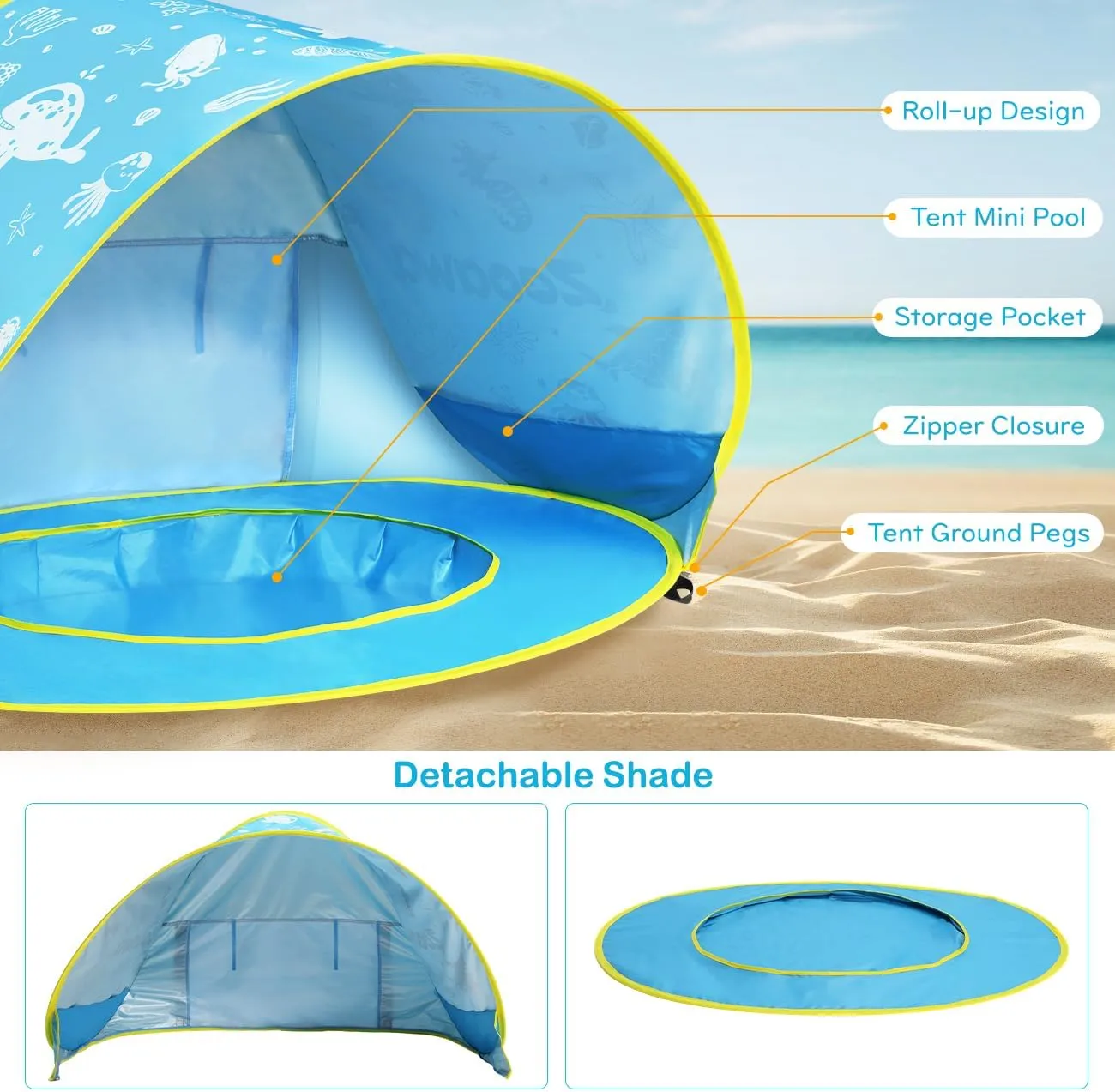 Zooawa Baby Beach Tent, Pop Up Beach Tent Sun Shade for Beach, Portable Shade Pool UV Protection Sun Shelter for Infant with Beach Sand Toys Set