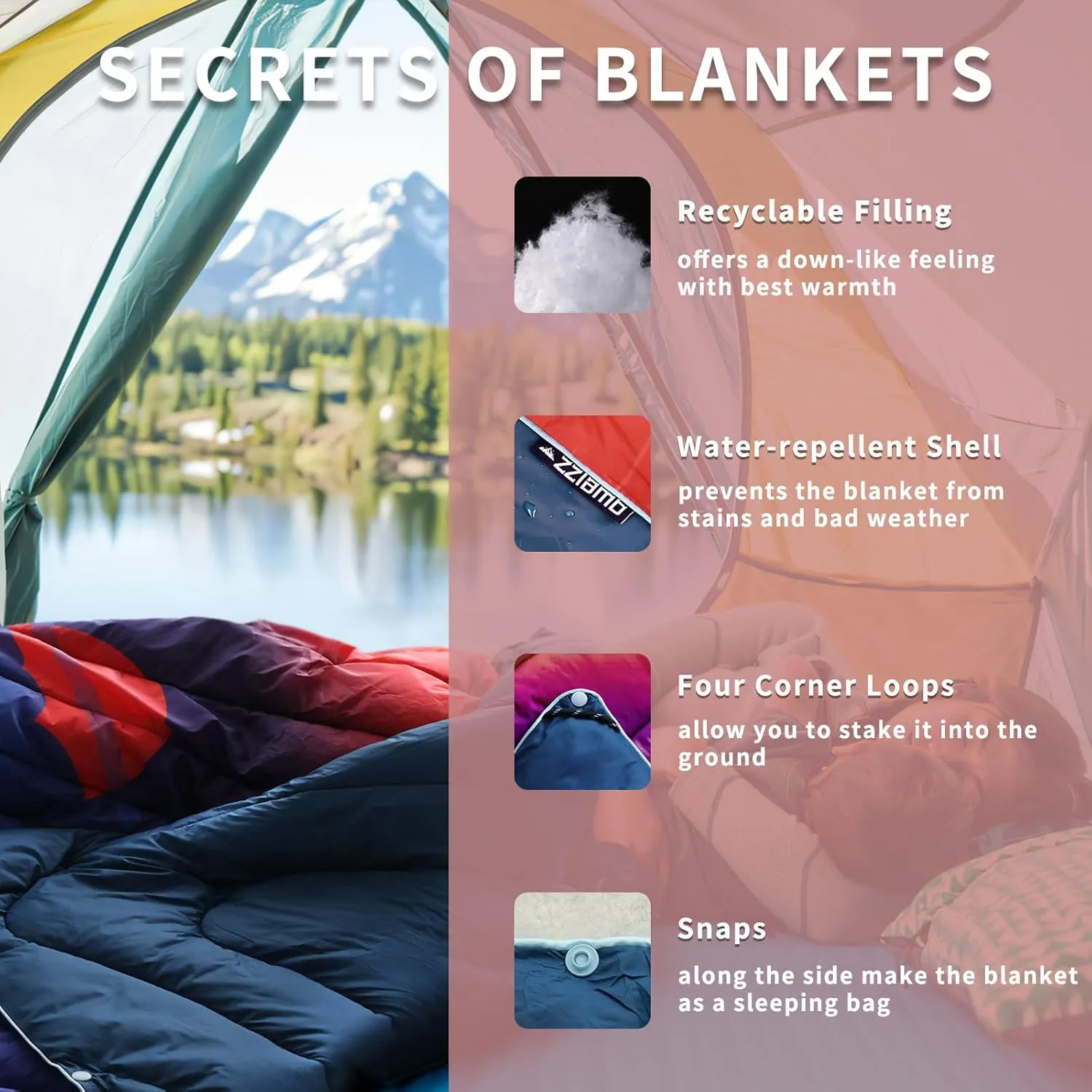 zzlamb Camping Blanket, Outdoor Lightweight Travel Blanket Puffy Portable Down Alternative, Windproof Warm Cloak with Snaps, Cozy Quilt Backpacking Picnic RV Plane Car Hammock Beach Climbing